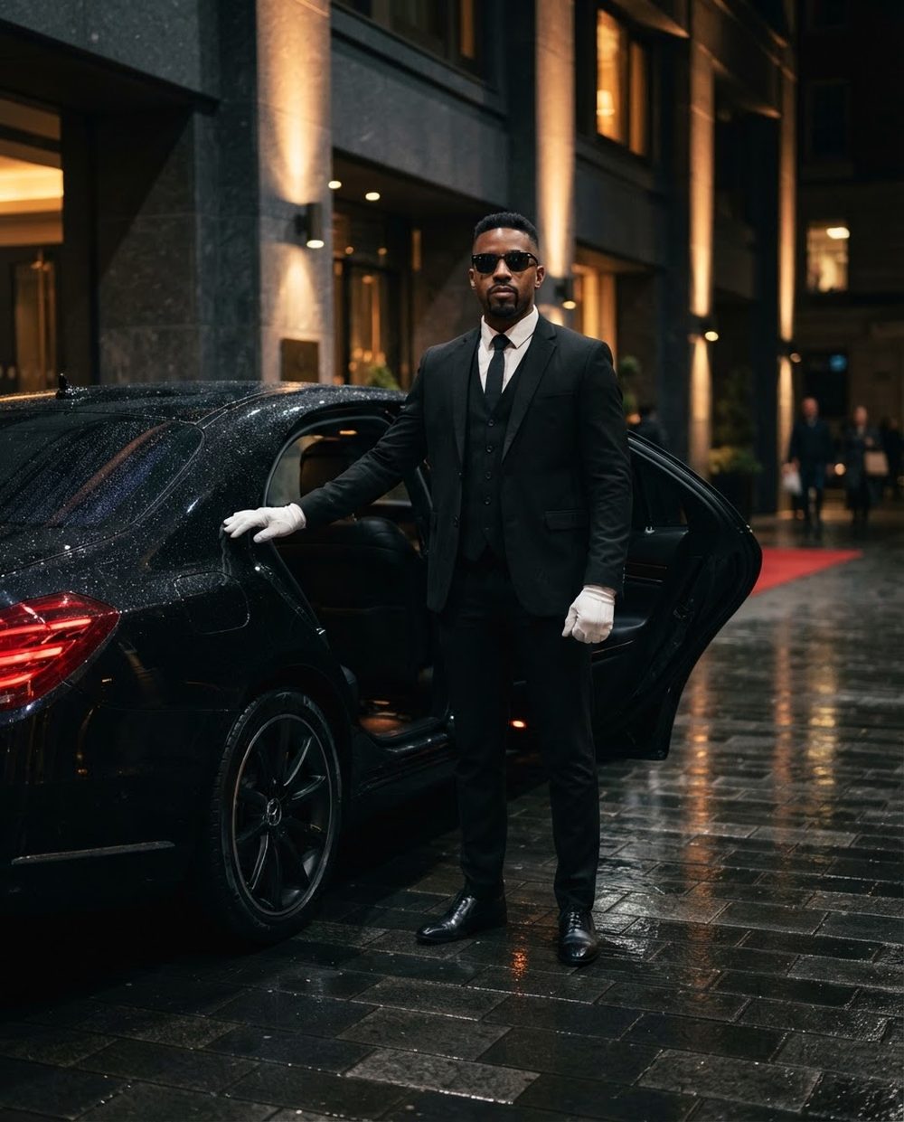 A chauffeur in black sunglasses, a tailored black three-piece suit and white gloves holds open the rear door of a black sedan outside a lit building at night.
