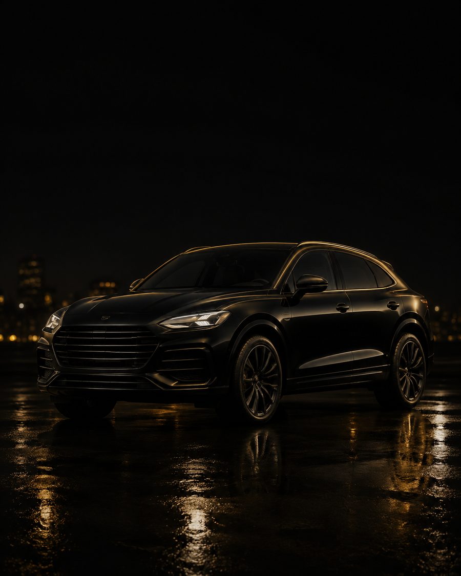 Placeholder image of a black luxury SUV at night.