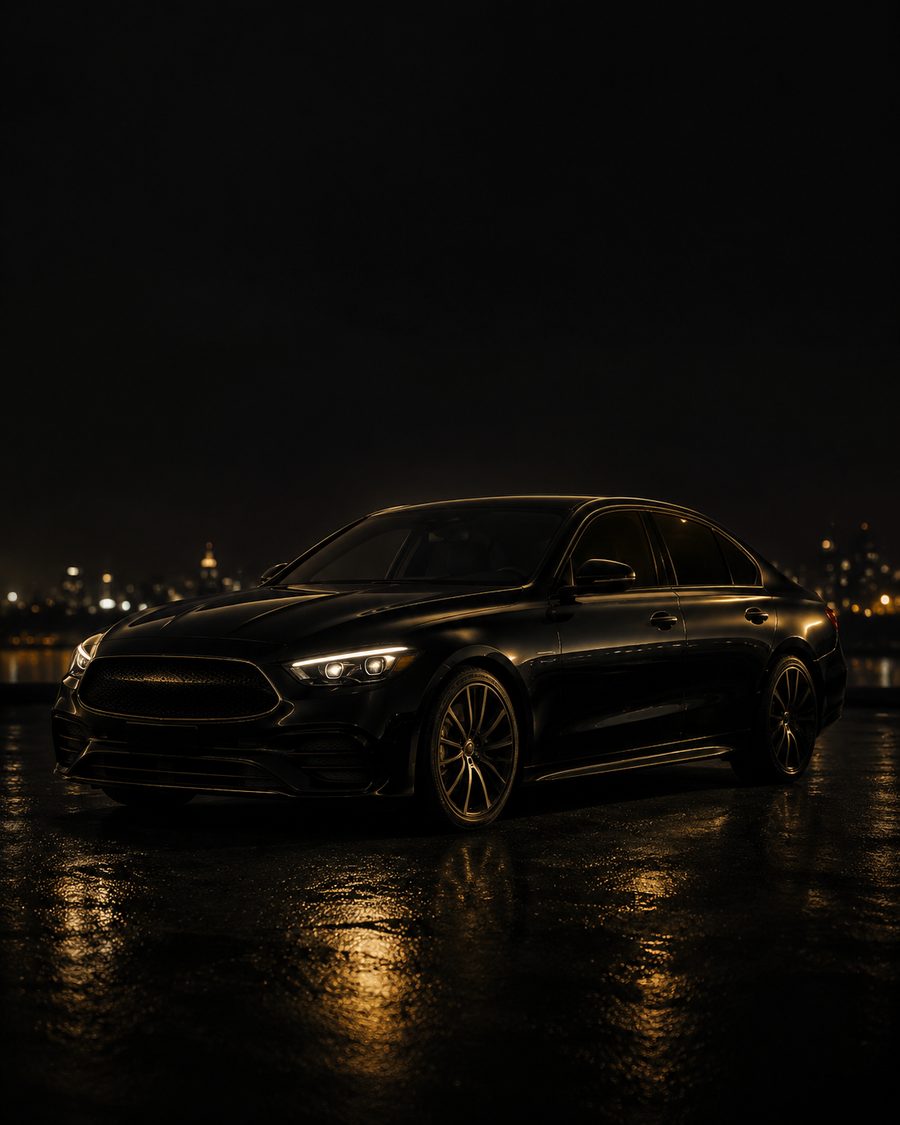 Placeholder image of a black premium sedan at night.