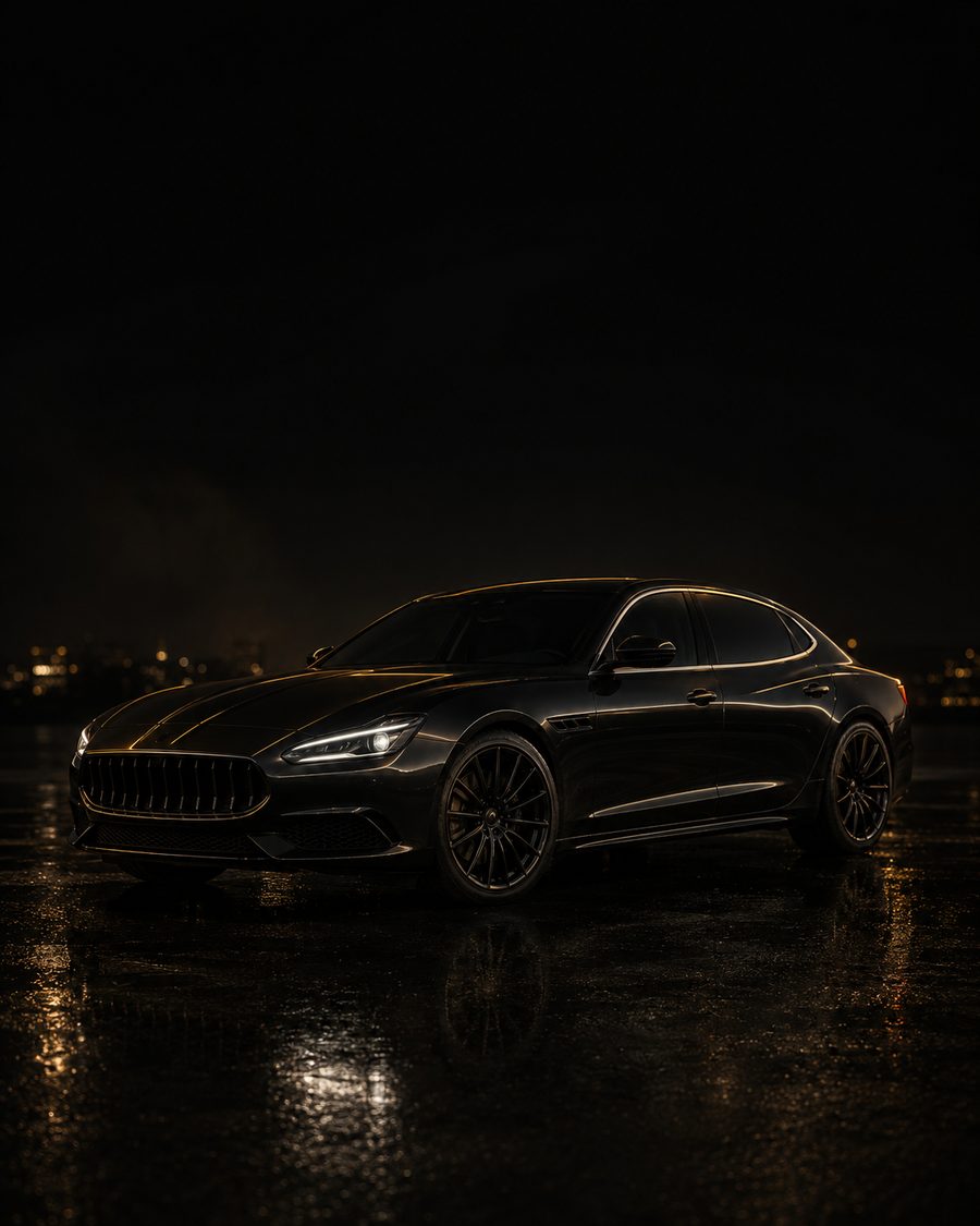 Placeholder image of a black luxury sedan at night.