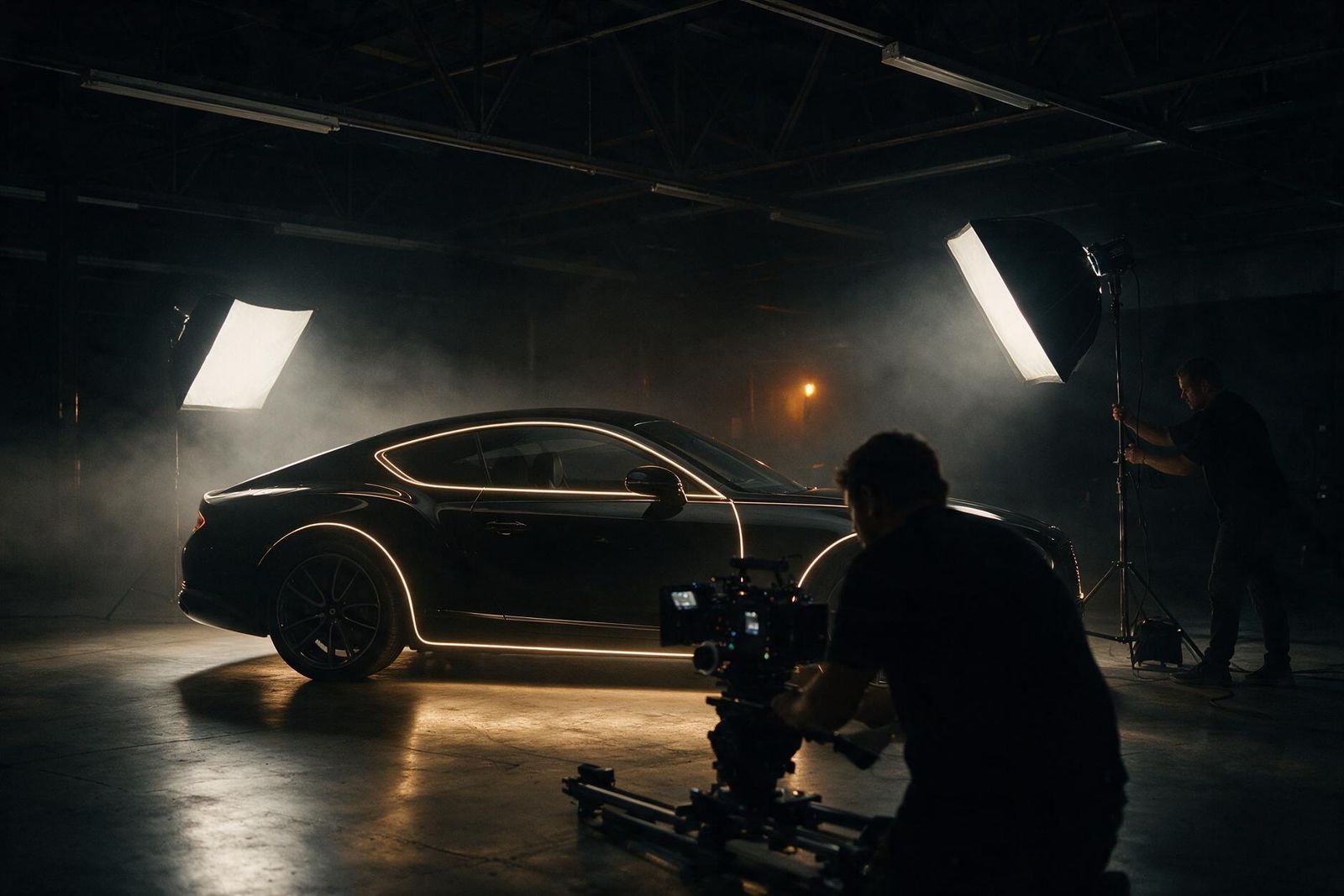 A film crew lights a black coupe inside a dark studio during a night shoot.